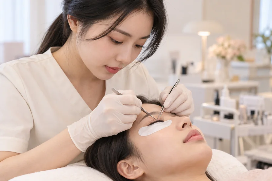 동양인 모델의 속눈썹 연장 작업을 표현한 AI 생성 이미지